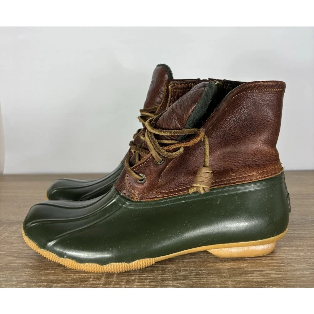Sperry Top-Sider Duck Boots Womens 7 Brown Leather Green Waterproof Fleece Zip